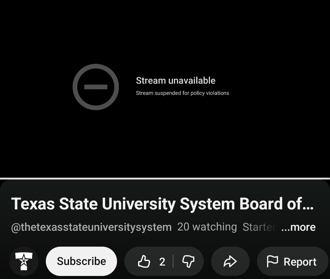 RyanClaycamp's tweet image. The meeting livestream has gone down due to "policy violations." 

#txst #tsus