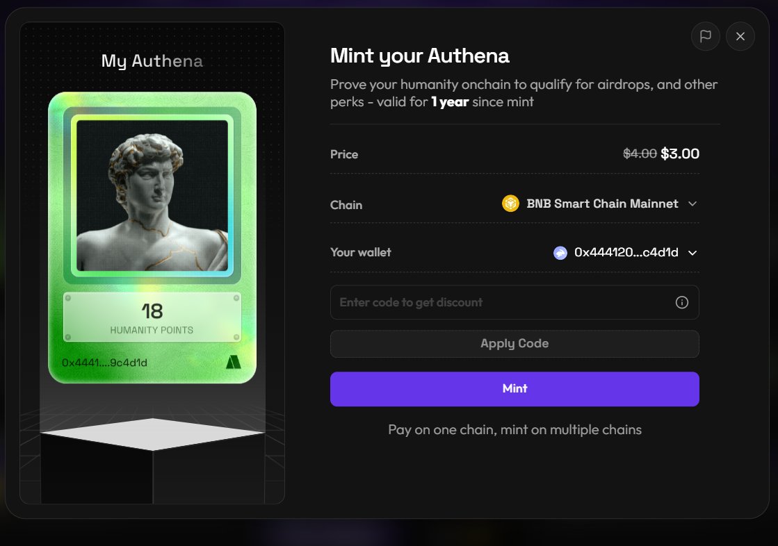 roshancurtes's tweet image. 🔥🥳 Minted my Authena. 18 Humanity Points.  
But I smell a hidden code somewhere... 👀  
Who’s got the key to unlock the $3 gate?  
Drop it if you dare. #ProofOfHumanity #BNB #AirdropHunters