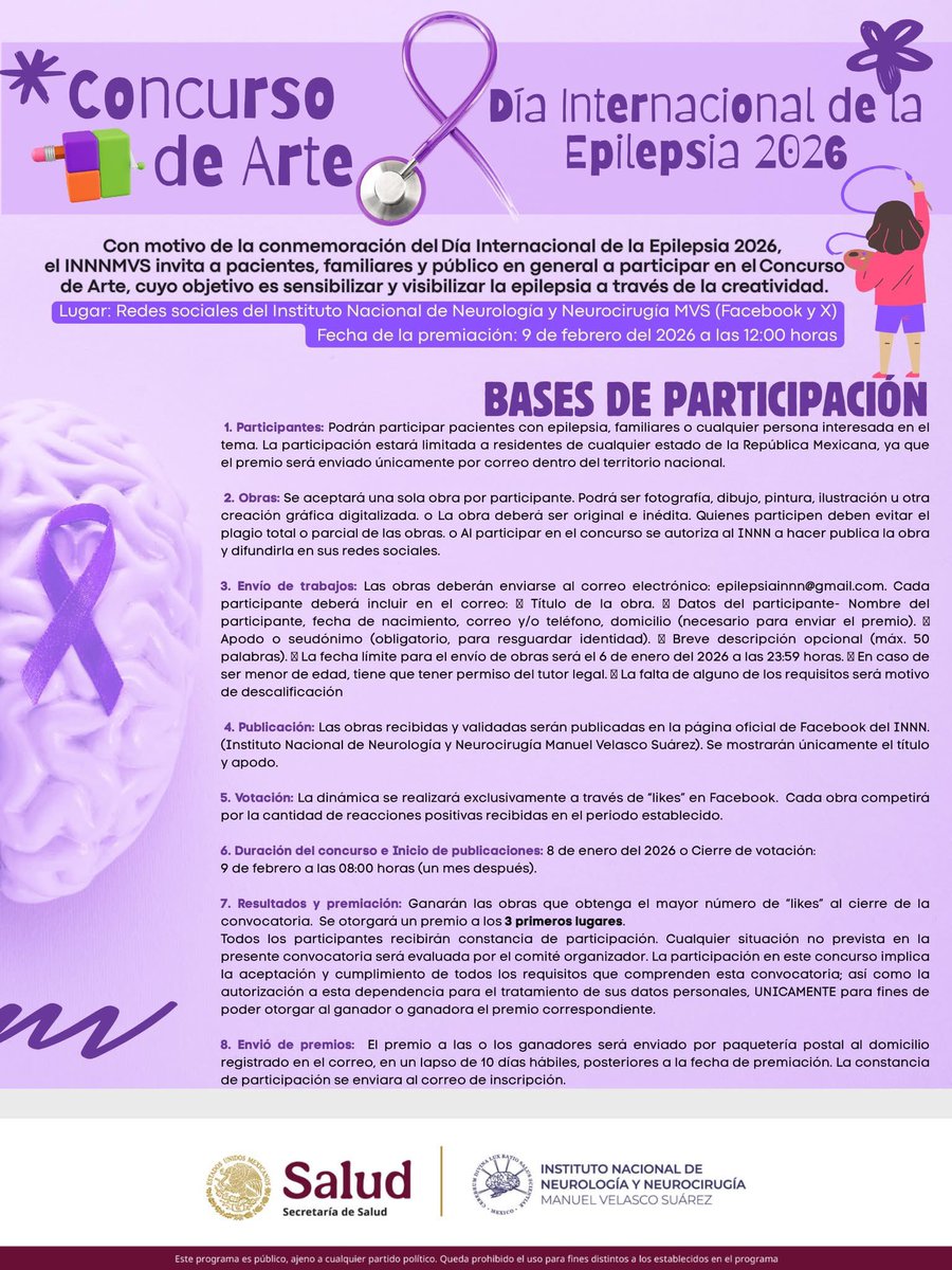 🟪 En el marco del Día Internacional de la Epilepsia 2026, te invitamos a participar en este 1er Concurso de Arte.🧠

🙋🏽‍♀️🙋🏽‍♂️Realiza una fotografía, dibujo, pintura, ilustración u otra creación gráfica digitalizada.📸🎨🫟

👩‍💻👨‍💻 Esperamos tus proyectos en: epilepsiainnn@gmail.com