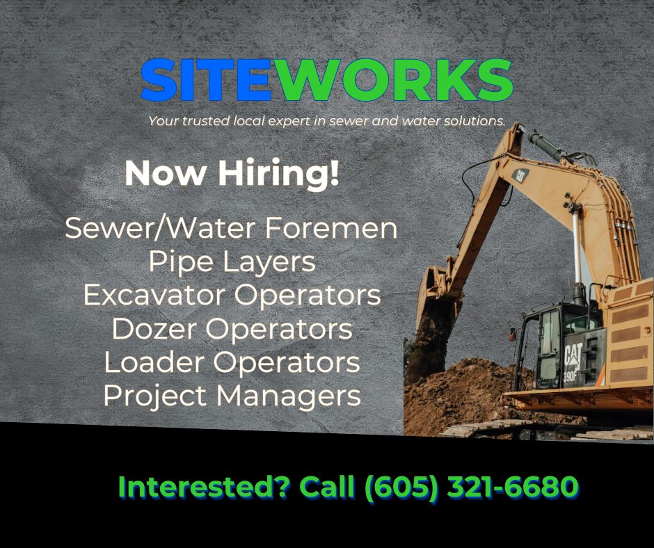 TeaStormChaser's tweet image. SiteWorks provides the highest quality Sewer and Water install services in the Sioux Falls area! We are searching for motivated, detail oriented individuals that put the customer first! We are now hiring general laborers, pipe layers, top guys, as well as equipment operators…