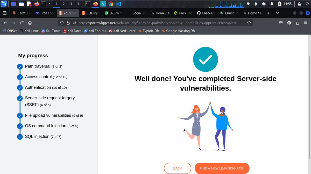 DarkshadeMalaga's tweet image. #Day2/100 of learning cyber security 
Completed all 52 server-side vulnerability labs on PortSwigger 🏆
@cybergirl_io
@commando_skiipz
@h4ruk7
#Cybersecurity #WebSecurity #BugBounty #InfoSec #Hacking