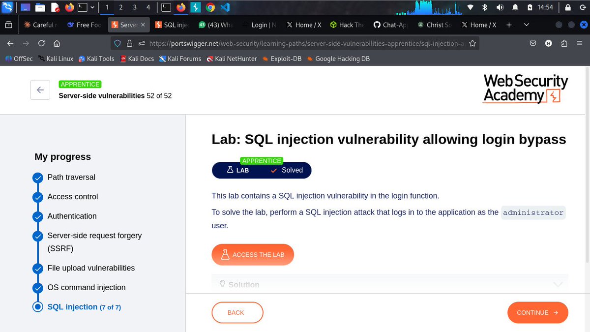 DarkshadeMalaga's tweet image. #Day2/100 of learning cyber security 
Completed all 52 server-side vulnerability labs on PortSwigger 🏆
@cybergirl_io
@commando_skiipz
@h4ruk7
#Cybersecurity #WebSecurity #BugBounty #InfoSec #Hacking