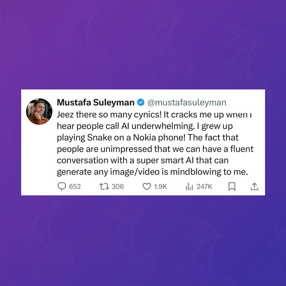 PopBase's tweet image. Microsoft’s AI chief, Mustafa Suleyman, says he’s mind-blown by the negative reactions to Copilot and other AI features in Windows:

“Jeez there so many cynics! It cracks me up when I hear people call AI underwhelming. (...) The fact that people are unimpressed that we can have a…