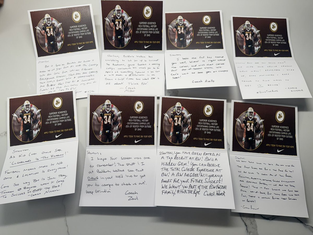 StantonKapla's tweet photo. Thank you for the notes: @CoachHilvert @rocanthony_ @AndrewCregan16 @BWFootball_ @EthanNichol10 and the rest of the staff …Looking forward to what may be next! #YJ4L https://t.co/B6VHb4xEAn