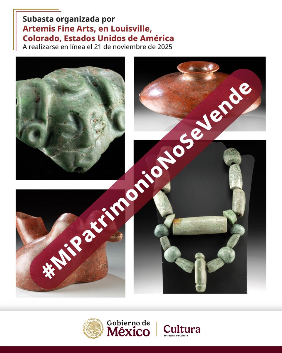 ccurieldeicaza's tweet image. La preservación del patrimonio cultural es un deber del Estado mexicano y un derecho de nuestro pueblo. Tras la revisión de 36 piezas anunciadas como prehispánicas y procedentes de México en la subasta “Ethnographic, Ancient, Fine Art”, programada para el 21 de noviembre de 2025…