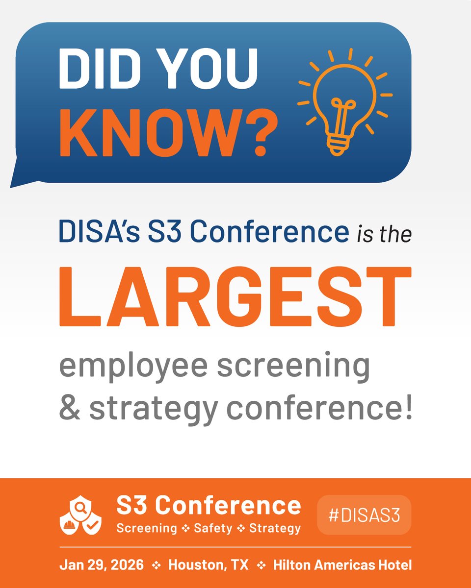 DISAGlobal's tweet image. 💡 Did you know that DISA&apos;s S3 Conference is the LARGEST #EmployeeScreening and #HRStrategy conference? Don&apos;t miss out on this opportunity for industry-leading networking &amp;amp; HR insights!

➡️ Learn more about S3: tinyurl.com/yhypksj2

#DISAS3 #EmployeeSafety #ContinuingEducation