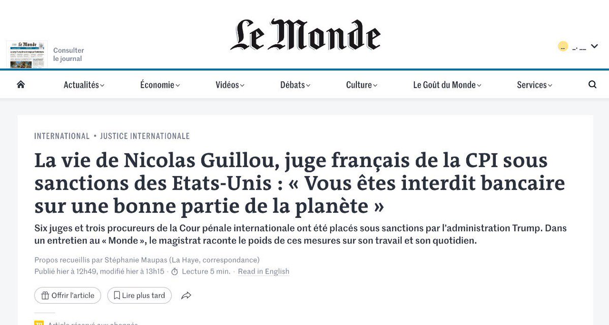 olgarodriguezfr's tweet image. No es uno, son cuatro los jueces de la Corte de La Haya sancionados por Trump en febrero por autorizar las órdenes de arresto contra Netanyahu y Gallant. Como conté en su momento, esto iba a dificultar mucho su día a día y su trabajo. 

En esta entrevista uno de ellos, Nicolas…