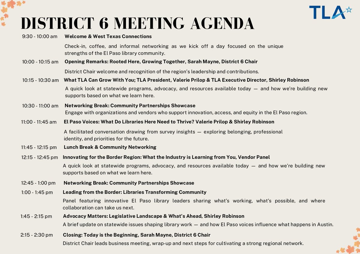BorderLibrary's tweet image. Our fellow library association partners, TLA&apos;s District 6, are having a meeting/ workshop on Dec. 13 (Sat) from 10am-2:30pm. The cost is $15 for members and non-members which includes lunch. Attendees will receive 25% discount for 2026 TLA Annual conference.