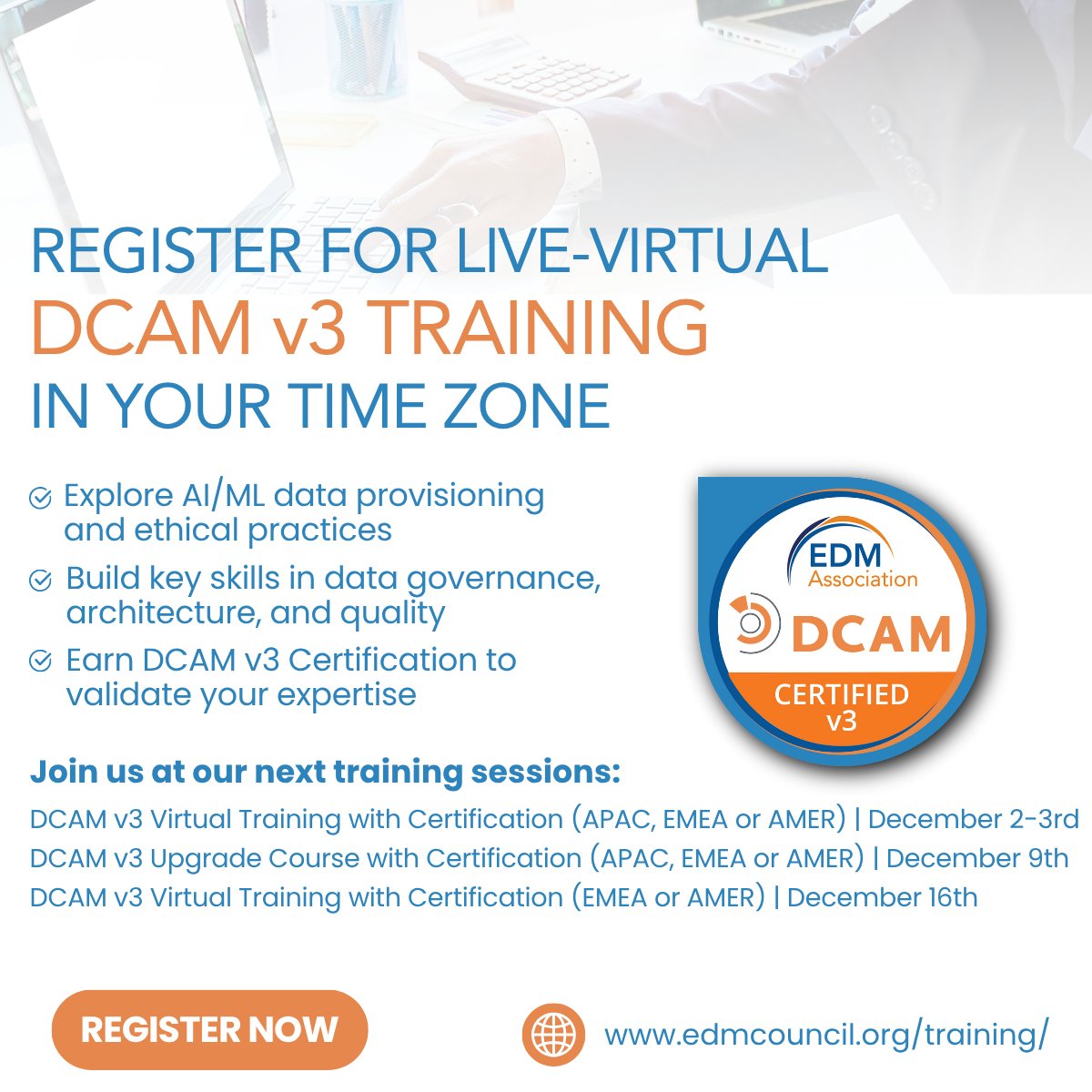 edmcouncil's tweet image. Time is running out to use our Year-end 2025 Discount! Use code DCAMQ45 for 5% off remaining 2025 DCAM courses.

Register now to attend a training session in your time zone: edmcouncil.org/engage/?search…. Must register and pay before November 30, 2025.