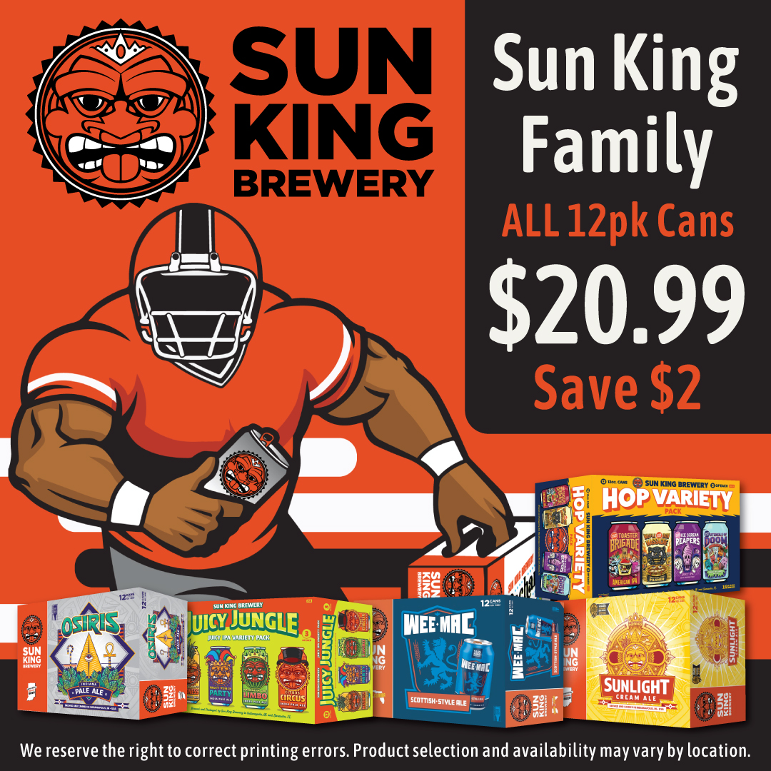 Game on with Sun King! 🏈 🙌
Grab the Family 12pk cans — now $20.99 (was $22.99) and and fuel your football weekend the right way. Cheers to good vibes, great beer, and even better games!

#SunKingBrewery #SunKingBeer #CraftBeerLovers #DrinkLocal #BigRedLiquors #IndyBeer