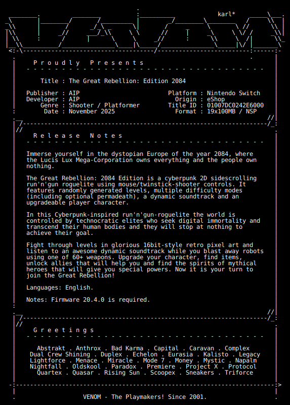 switch_predb's tweet image. New Release by VENOM!

The_Great_Rebellion_Edition_2084_NSW-VENOM [01007DC0242E6000][637A22B5]
Size: 1.73 GiB

View on Tinfoil: tinfoil.io/Title/01007DC0…
View on eShop: ec.nintendo.com/apps/01007DC02…