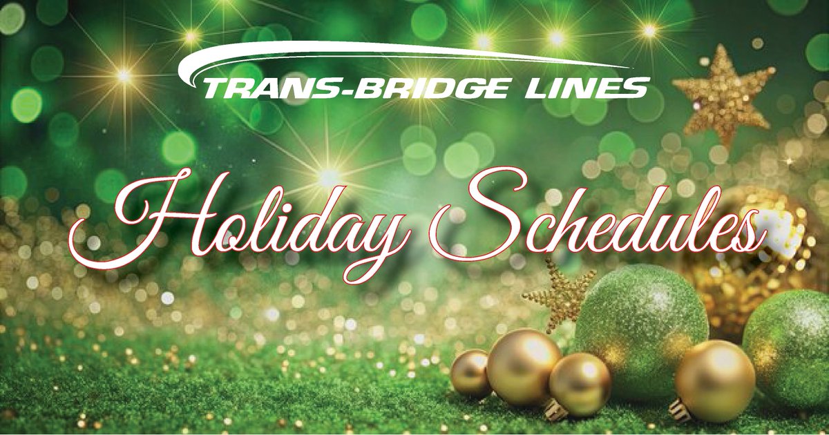 TransBridgeBus's tweet image. Trans-Bridge Lines will operate with holiday schedules on the following days:

❄️ Christmas Eve, Wednesday, December 24, 2025
❄️ Christmas, Thursday, December 25, 2025
❄️ Friday, December 26, 2025
❄️ New Year&apos;s Eve, Wednesday, December 31, 2025
❄️ New Year&apos;s Day, Thursday,…