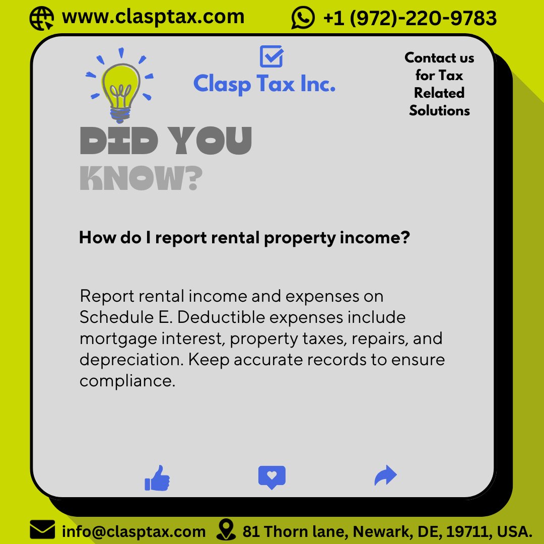 ClaspTaxInc's tweet photo. "Reporting Rental Property Income: A Quick Guide"

#taxseason2024 #ClaspTaxInc #usataxexperts #taxhelp #usataxfiling #ustaxfiling #maximizerefund #trustedtaxadvisor #BusinessTaxes #PersonalTax #taxsolutions #smallbusinesstax #irscompliance #securetaxfiling #professionaltax https://t.co/8RzGwNCdFZ