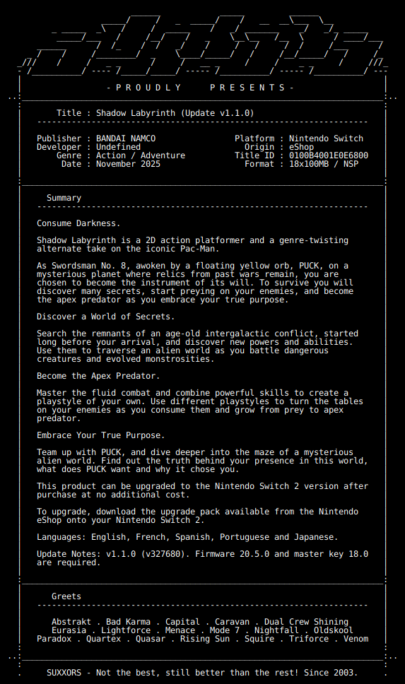 switch_predb's tweet image. New Release by SUXXORS!

Shadow_Labyrinth_Update_v1.1.0_NSW-SUXXORS [0100B4001E0E6800][C749F7AA]
Size: 1.61 GiB

View on Tinfoil: tinfoil.io/Title/0100B400…
View on eShop: ec.nintendo.com/apps/0100B4001…