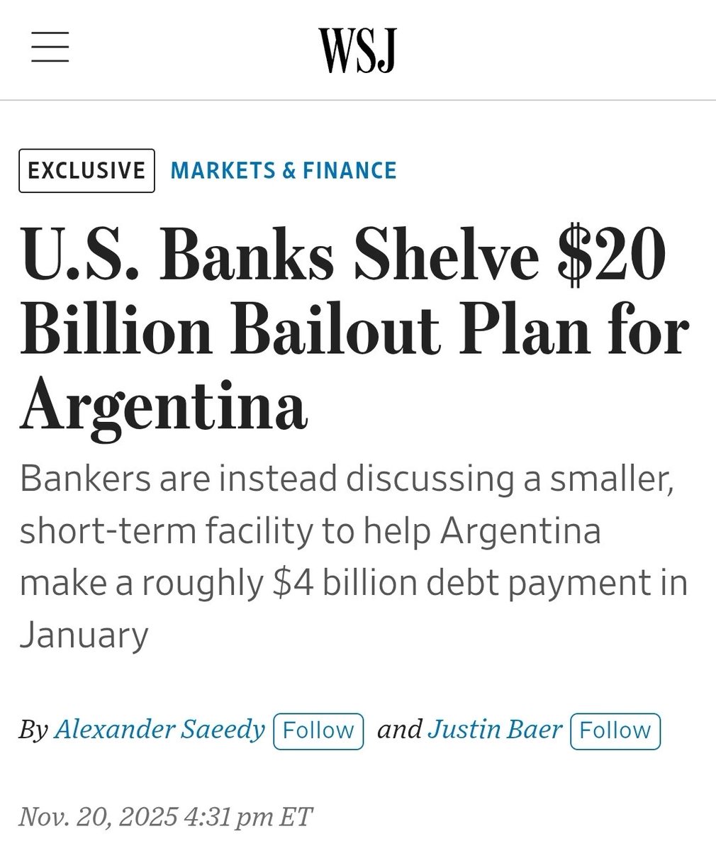 🚨🇺🇸🇦🇷 Según Wall Street Journal, bancos estadounidenses suspenden el préstamo de 20.000 millones de dólares para Argentina: evalúan una asistencia menor y de corto plazo para ayudar al país a pagar una de deuda de US$4.000 millones en enero