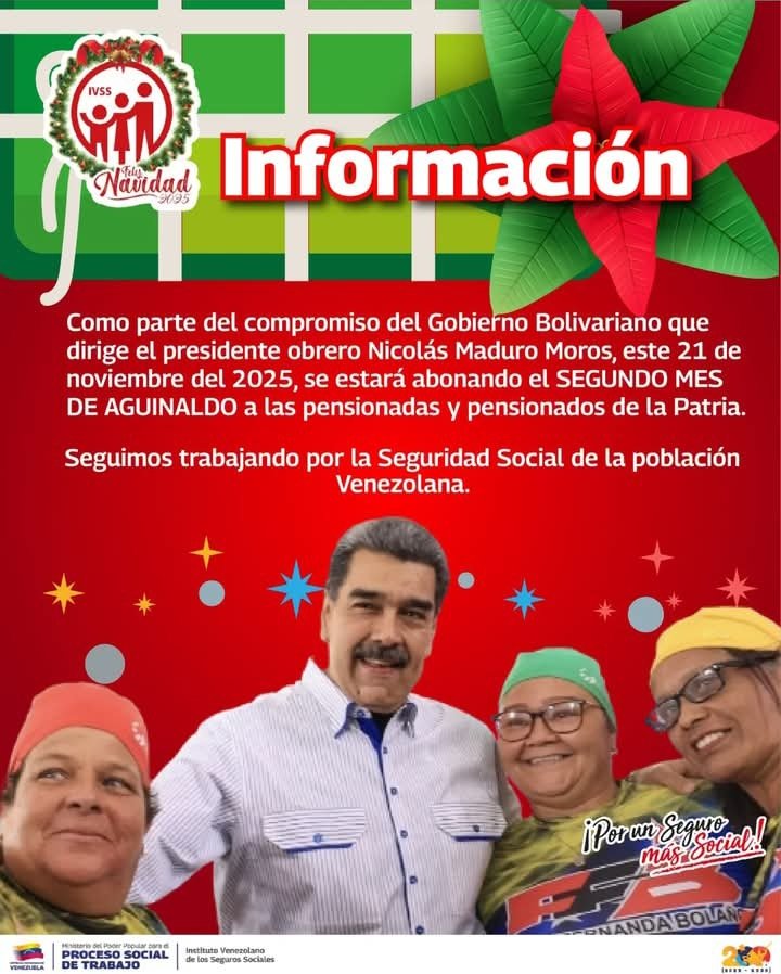 BonosSocial's tweet image. 🚨 Como parte del compromiso del Gobierno Bolivariano que dirige el Pdte. @NicolasMaduro será abonado el 2do. Mes de aguinaldo a los pensionados y pensionadas de la patria.

@BonosSocial 
#20Nov