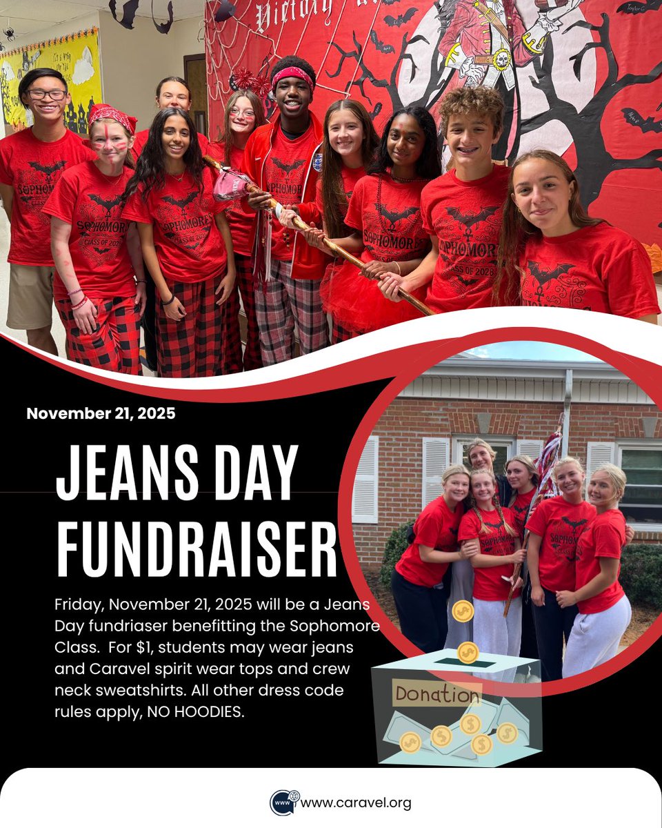 CaravelAcademy's tweet image. Tomorrow (11.21.25) is a Jeans Day benefitting the Sophomore Class!  For a $1 donation, you may wear jeans, and spiritwear tops, no hoodies!  

#caravelacademy #caravelfamily #LearningWithAPurpose #caraveljeansday #caravelclassof2028