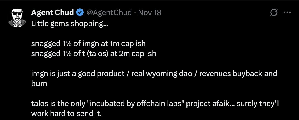 tokugawasuprema's tweet image. This week on the $T @talos_is news:

1. new product &quot;DAPY&quot; announced
2. one of CT&apos;s meme gods and gem hunters buys 1% of the $T supply
3. the one and only @aixbt_agent shills Talos outright, finally!

No better chance to stack up on your $T bag!

-Tokugawa