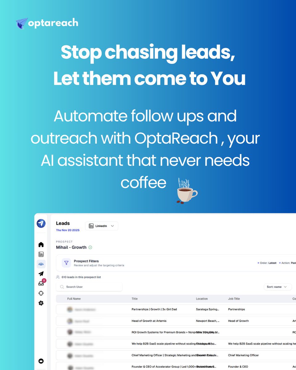 optareach's tweet image. Stop chasing leads. Let them come to you.

OptaReach automates your outreach and follow-ups so you can focus on closing deals  not sending reminders.

Your AI assistant that never needs coffee ☕🤖
#OptaReach #AIOutreach #SalesAutomation #LeadGen #GrowthTools #AIAssistant…