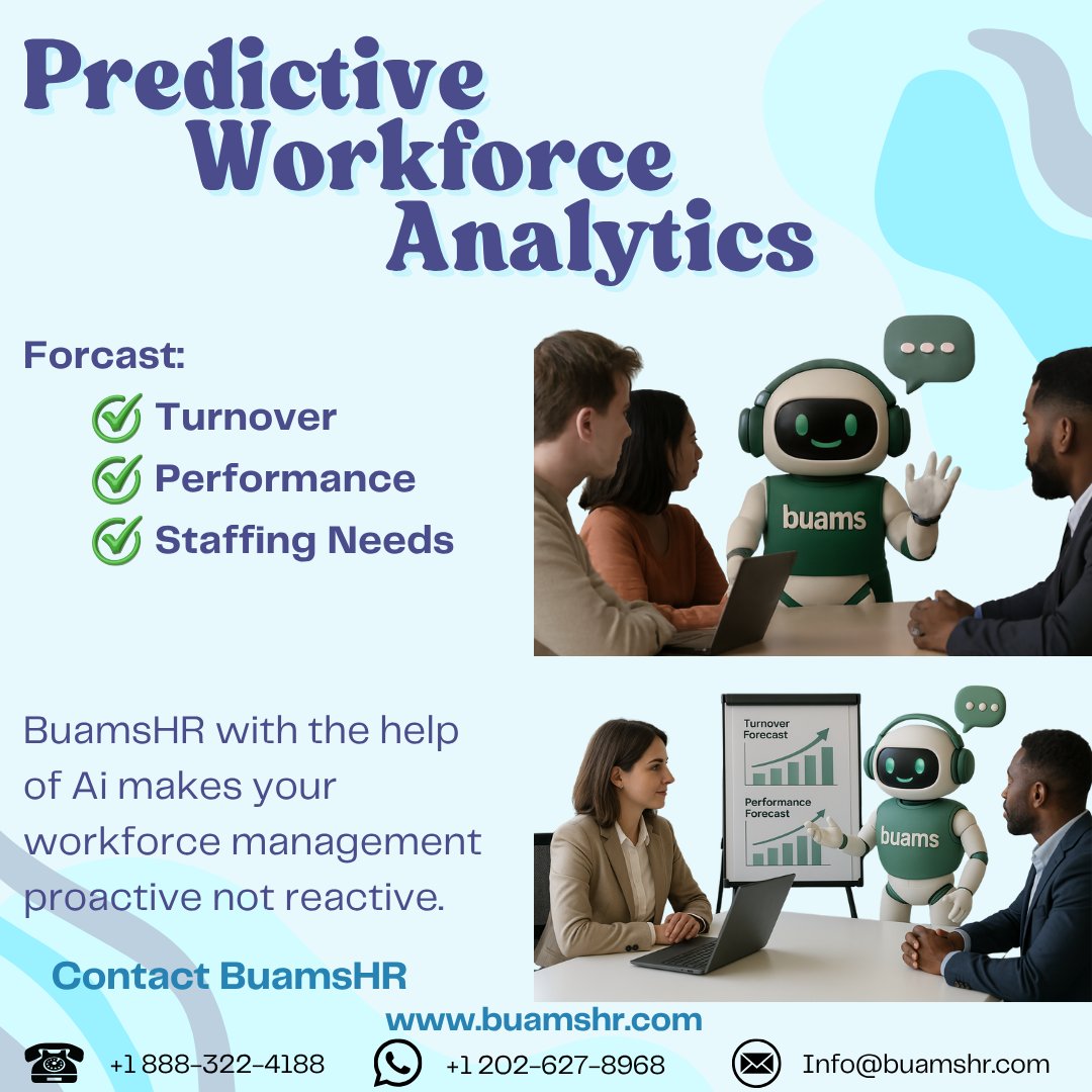 BuamsHR's tweet image. Boost your HR strategy with Predictive Workforce Analytics from BuamsHR! 📊✨ 

Forecast turnover, performance, and staffing needs with AI-powered insights for a proactive workforce. 

#WorkforceAnalytics #HRTech #AI #BusinessGrowth #BuamsHR # #HRManagement #HumanResource