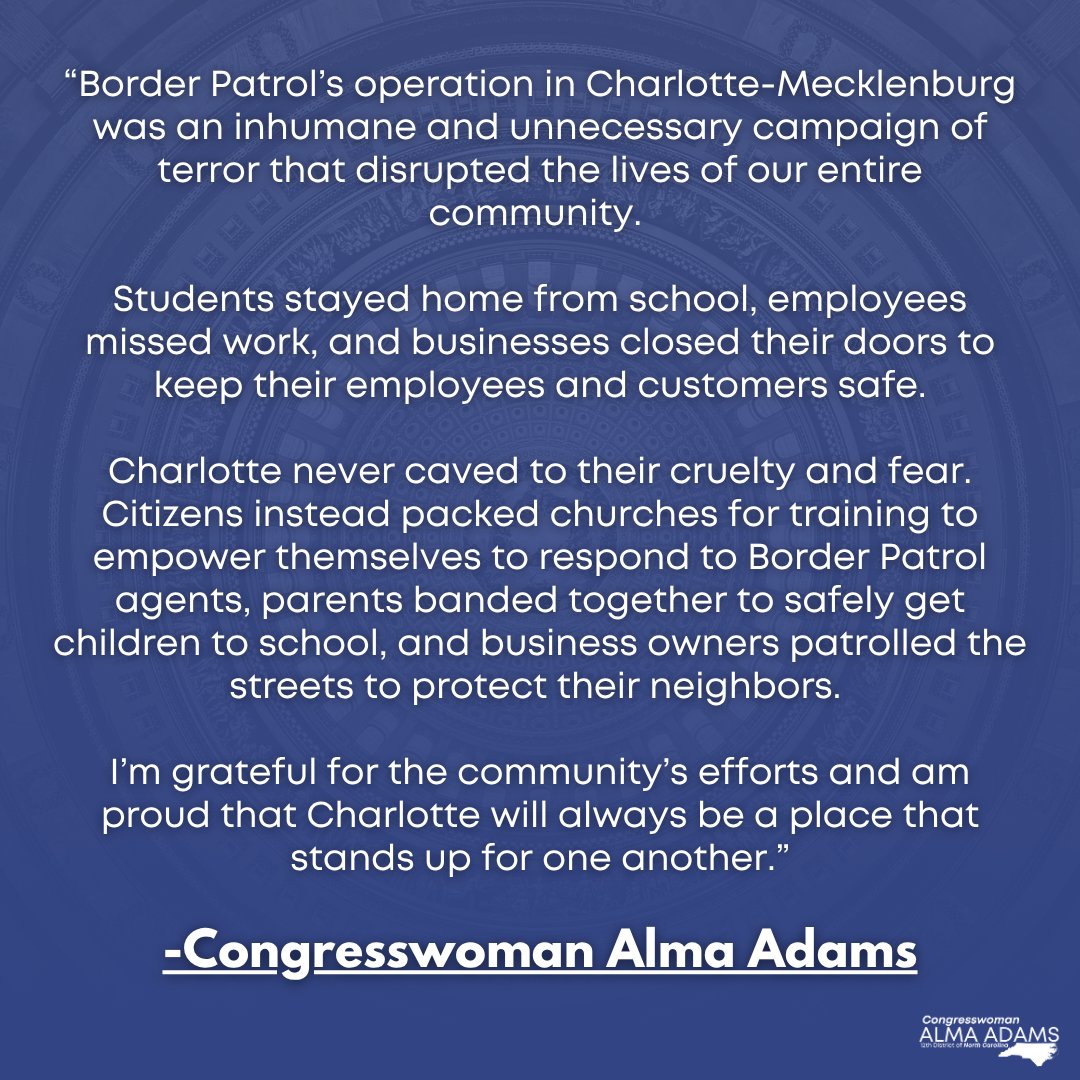 RepAdams's tweet image. My statement on U.S. Customs and Border Patrol ending their campaign of terror in Charlotte.