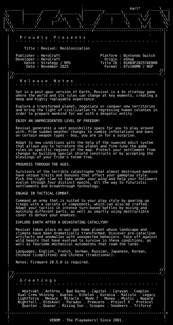 switch_predb's tweet image. New Release by VENOM!

Revival_Recolonization_NSW-VENOM [01004F20257AE000][63FC37F3]
Size: 638.92 MiB

View on Tinfoil: tinfoil.io/Title/01004F20…
View on eShop: ec.nintendo.com/apps/01004F202…