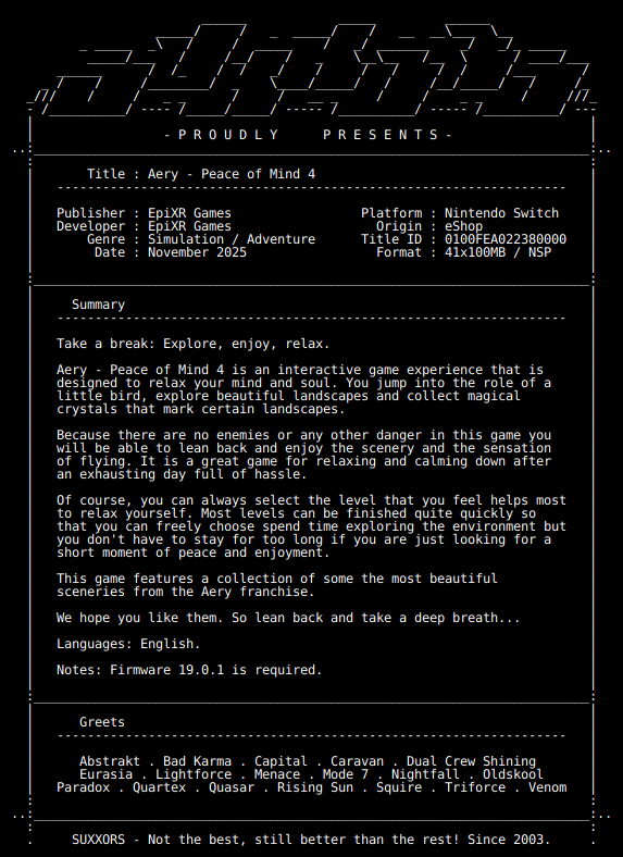 switch_predb's tweet image. New Release by SUXXORS!

Aery_Peace_of_Mind_4_NSW-SUXXORS [0100FEA022380000][9474DB2D]
Size: 3.73 GiB

View on Tinfoil: tinfoil.io/Title/0100FEA0…
View on eShop: ec.nintendo.com/apps/0100FEA02…
