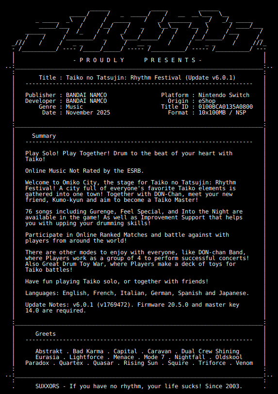 switch_predb's tweet image. New Release by SUXXORS!

Taiko_no_Tatsujin_Rhythm_Festival_Update_v6.0.1_NSW-SUXXORS [0100BCA0135A0800][6845FDC6]
Size: 951.46 MiB

View on Tinfoil: tinfoil.io/Title/0100BCA0…
View on eShop: ec.nintendo.com/apps/0100BCA01…