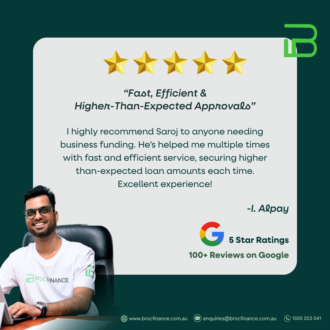 BrocFinance's tweet photo. Thank you for the amazing review and for trusting Saroj and Broc Finance with your business funding needs. We love delivering results that exceed expectations.

👉 Start your funding journey at 🌐 https://t.co/kqmZvFCdfC
📞 Call 1300 253 041 https://t.co/RapWXAp9z0