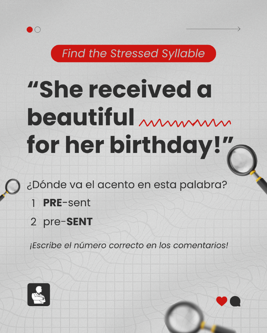 Smoothtalkers's tweet image. ¿Cuál es la entonación correcta para &quot;regalo&quot;?
Mucha gente confunde estas dos pronunciaciones.
1️⃣ PRE-sent 2️⃣ pre-SENT
👇 ¡Comenta la respuesta correcta!
#RetoDeIngles #Pronunciacion #EnglishQuiz #AprenderIngles #NivelDeIngles #smoothtalkers