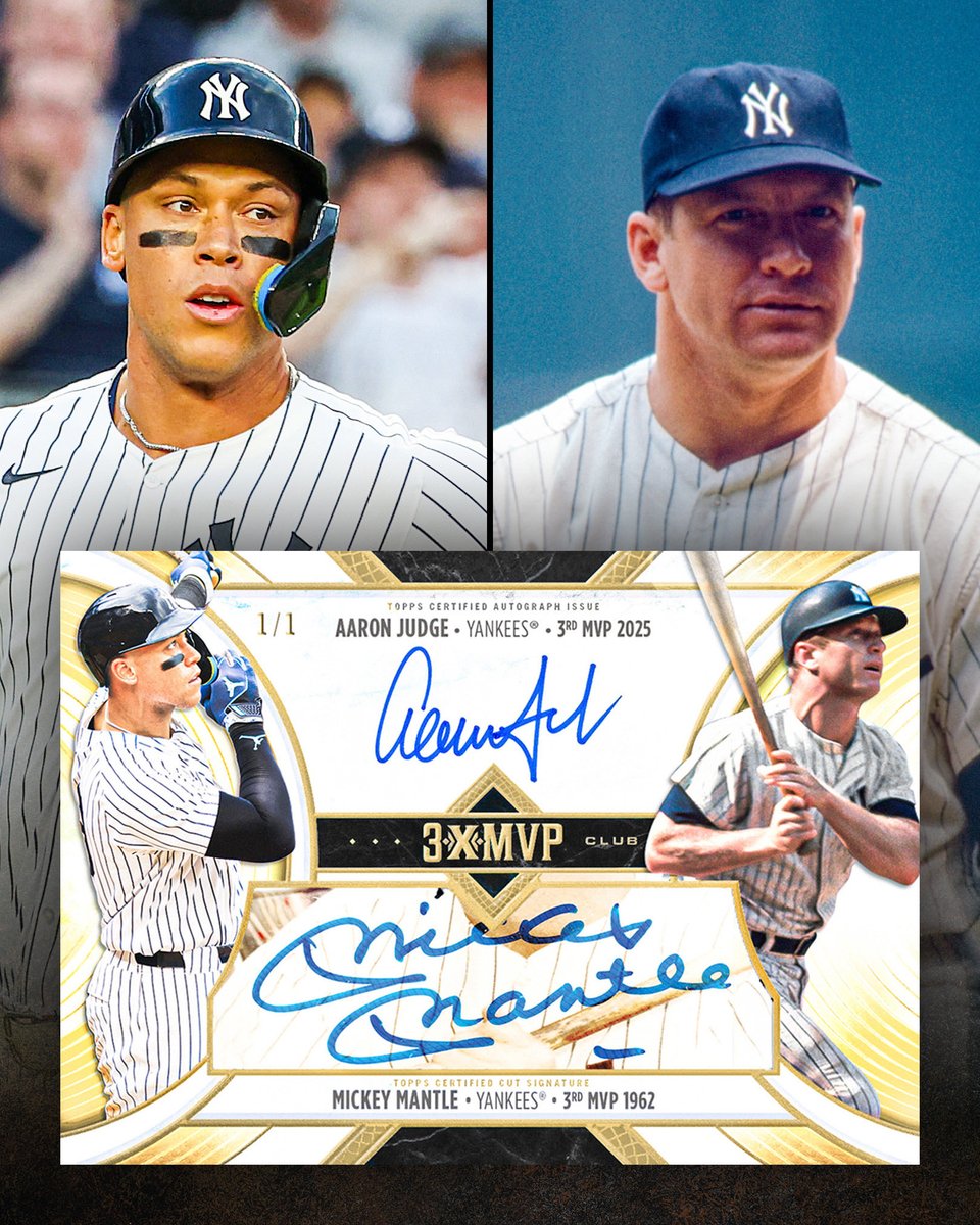 HISTORY. Aaron Judge celebrates his third MVP by signing dual autographs with every member of the 3x MVP club 🏆🏆🏆

These cards will be part of the Topps MLB MVP Collection. Arriving soon.