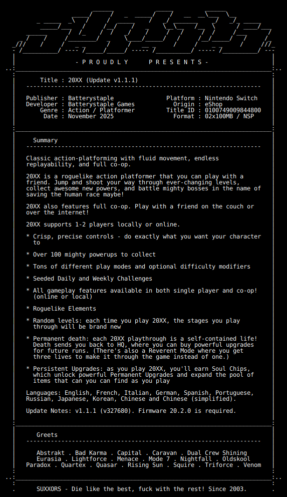 switch_predb's tweet image. New Release by SUXXORS!

20XX_Update_v1.1.1_NSW-SUXXORS [0100749009844800][2628C795]
Size: 134.8 MiB

View on Tinfoil: tinfoil.io/Title/01007490…
View on eShop: ec.nintendo.com/apps/010074900…