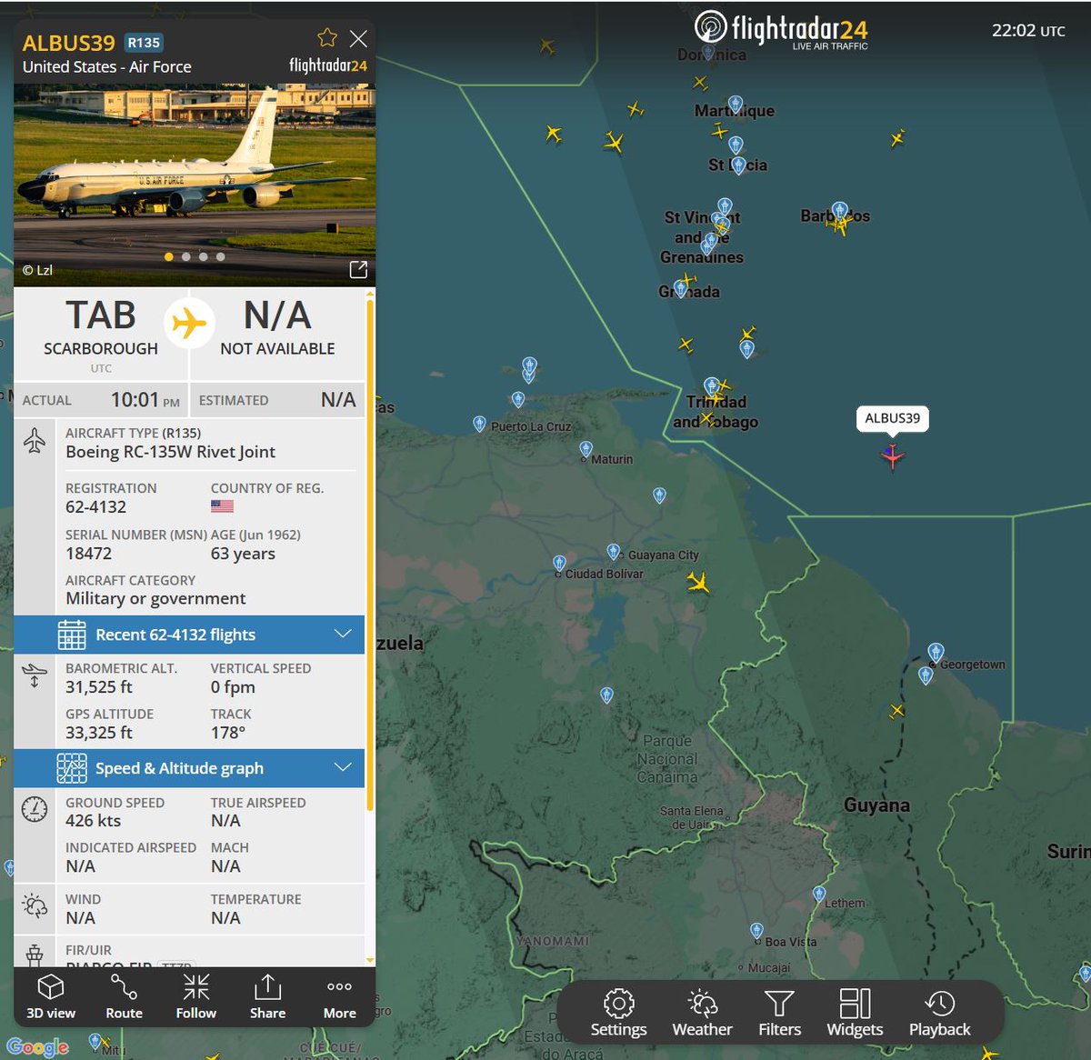 Flightwatcher1's tweet image. #USAF RC-135W Rivet Joint
Código de llamada: ALBUS39
Matrícula:62-4132
Hex: #ae01cf
Al este del Estado Delta Amacuro🇻🇪 el origen no parece claro ya que reporta la aplicación que salió de Tobago?🇹🇹 🤷‍♂️
#SOUTHCOM