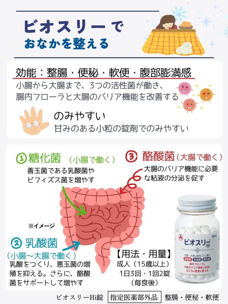 ruka0banzai's tweet image. 食べすぎ・寝不足・ストレスで「おなかの調子がイマイチ」ってなりやすい人は、からだの内側からおなかを整えるビオスリーがオススメ！
食後に2錠(15歳以上)のむだけでOK、続けやすいのがビオスリーのいいところ。
忙しい年末もいつも通り過ごせるといいな。
【PR】【ビオスリー】【おなかの冬支度】