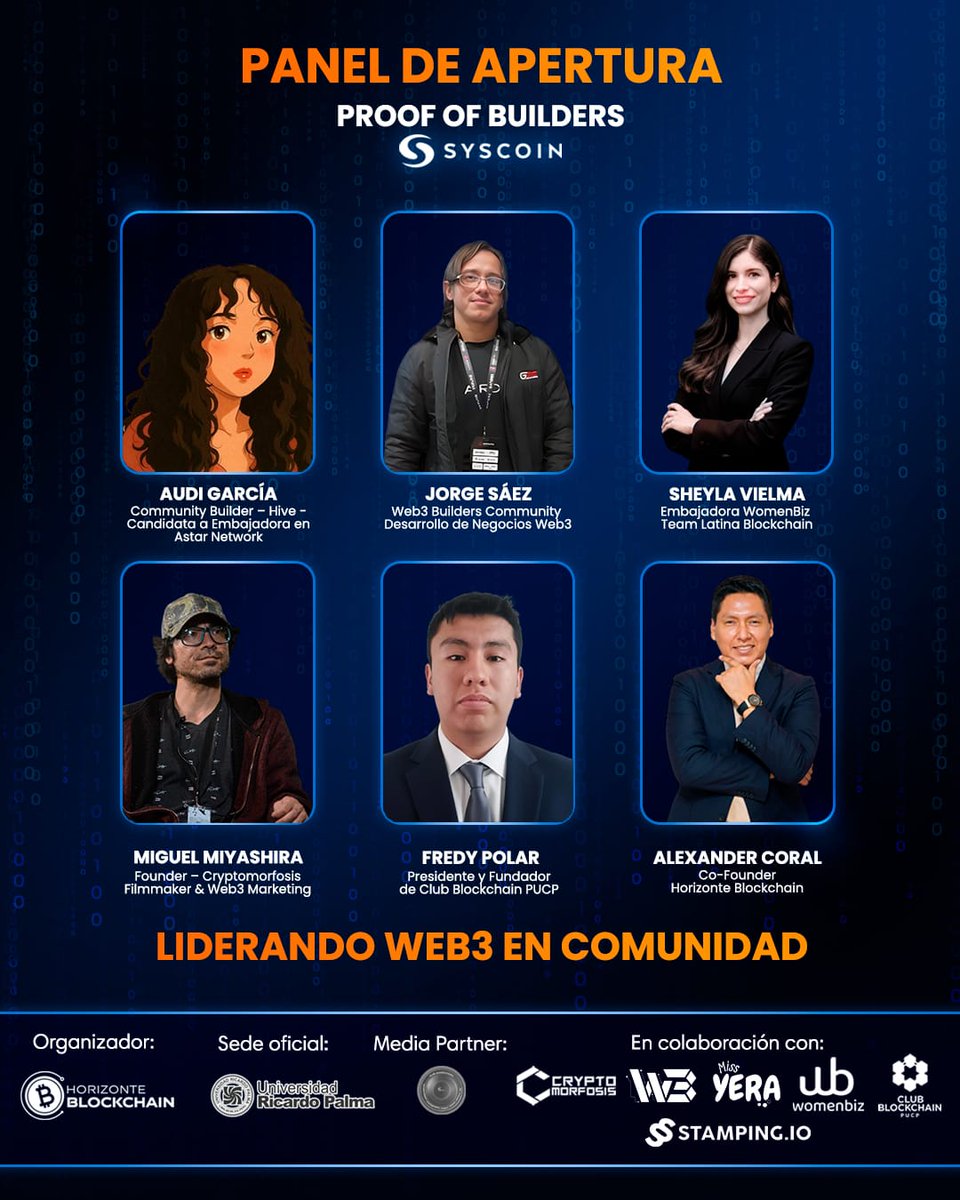 HorizonteBlock's tweet image. Proof of Builders – @Syscoin_Hispano 
Panel de líderes Web3:
Audi García – Hive / Astar
Jorge Sáez – Web3Builders
Sheyla Vielma – WomenBiz
Miguel Miyashira – Cryptomorfosis
Fredy Polar – Club Blockchain PUCP
Alexander Coral – Horizonte Blockchain
#Hackathon  #Syscoin #Web3