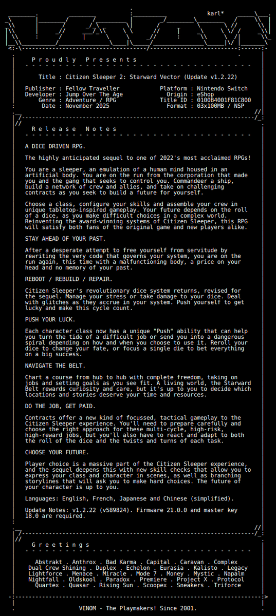 switch_predb's tweet image. New Release by VENOM!

Citizen_Sleeper_2_Starward_Vector_Update_v1.2.22_NSW-VENOM [0100B4001F81C800][AA15BCEA]
Size: 251.22 MiB

View on Tinfoil: tinfoil.io/Title/0100B400…
View on eShop: ec.nintendo.com/apps/0100B4001…