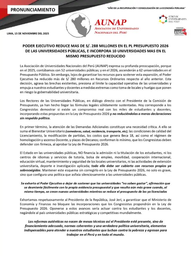 carlosjavierlu's tweet image. Se reduciría el presupuesto para educación, tal como lo ha advertido en comunicado los rectores de universidades a nivel nacional y al mismo tiempo, Mesa Directiva @congresoperu habría propuesto q el presupuesto Legislativo para el 2026 sea de 1.768 mill.
 356 mill. más que 2025