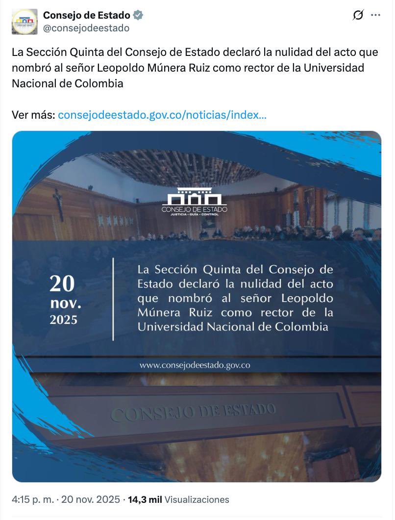 El gobierno Petro queda en evidencia una vez más. Violaron la autonomía universitaria de la Nacional. Consejo de Estado declaró la nulidad del acto que nombró a Leopoldo Múnera Ruiz como rector de la Universidad.