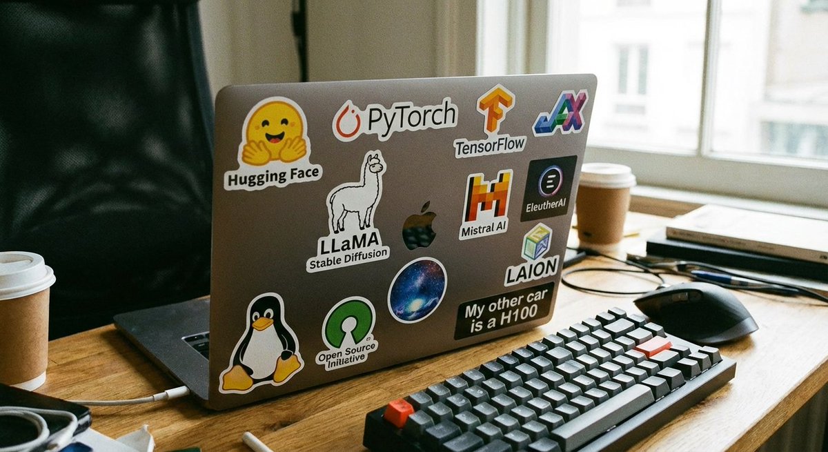 osanseviero's tweet image. nano banana - generate a laptop with stickers. the laptop belongs to a fan of open source ML models
