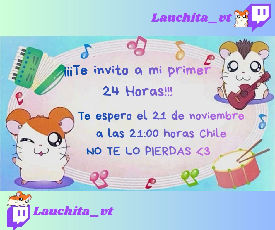 ¡Buenas muchachos y muchachas! 🎉
Están cordialmente invitados a mi primer stream de 24 horas, que comenzará mañana 21 de noviembre a las 10:00 hrs (horario de Chile).
Partiremos con un chupistream con los panitas, así que no se lo pueden perder.
¡Los esperooooooo! &lt;3