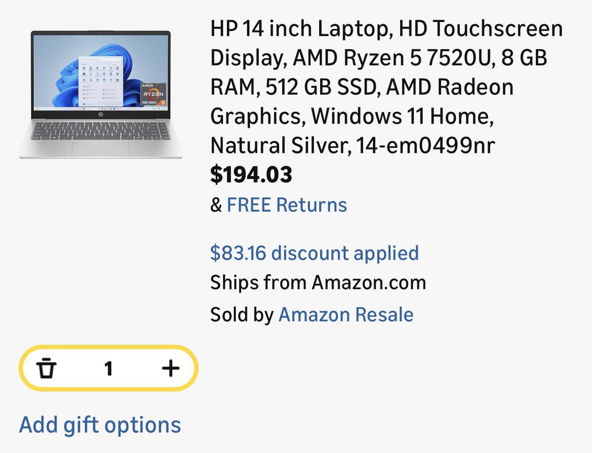 LordOfRestocks's tweet photo. [USED - LIKE NEW] HP 14 inch Laptop, HD Touchscreen Display, AMD Ryzen 5 7520U, 8 GB RAM, 512 GB SSD now $194.03 via Amazon

🏷️ Save An Extra 30% Off Sold By Amazon Resale Products!

🔗 - https://t.co/GqoftMpcVT

#LRDeal | #AD https://t.co/ODV9swmEd1