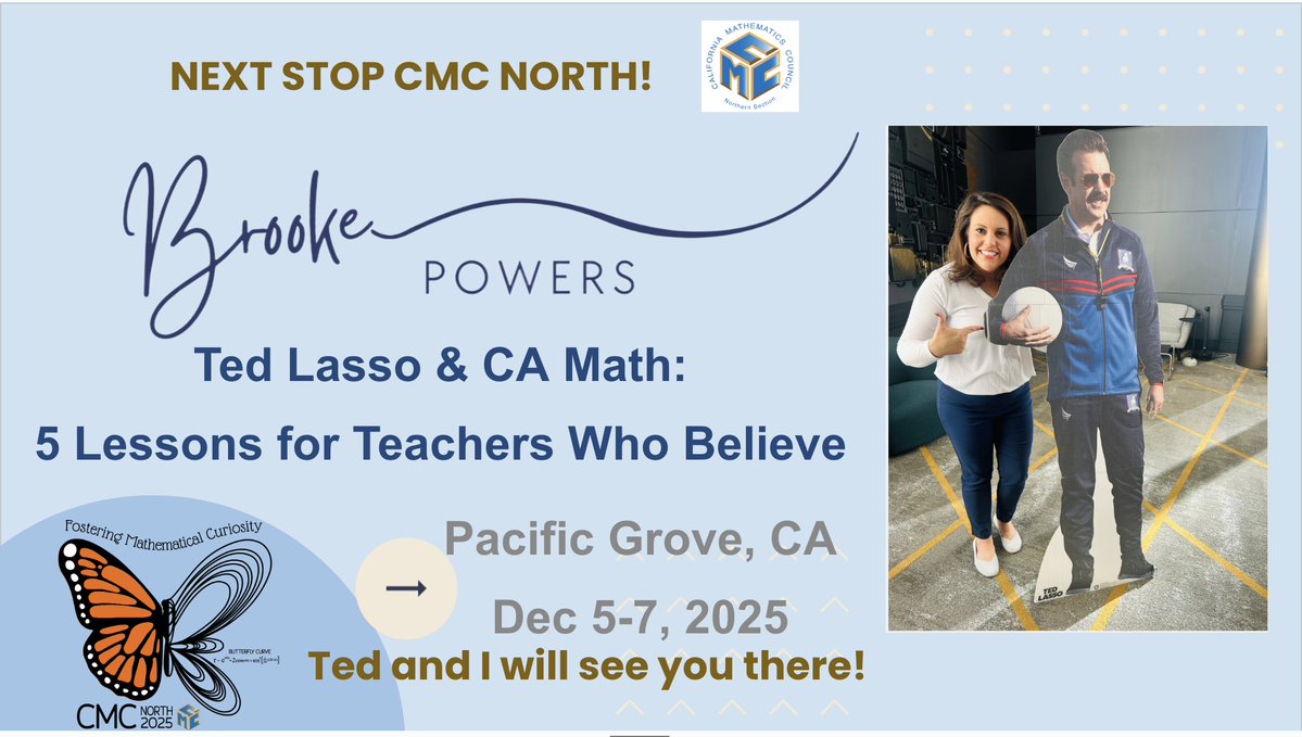 LBrookePowers's tweet image. Headed to #CMCNorth and bringing a little Ted Lasso spirit with me! ⚽️✨

Ted Lasso + CA Math: 5 Lessons for Teachers Who Believe
📅 Sat 12/6, 8–9 AM PT
📍 Hearth

And yes… Ted’s cutout will be there for photos. 😄📸
See you in Pacific Grove!