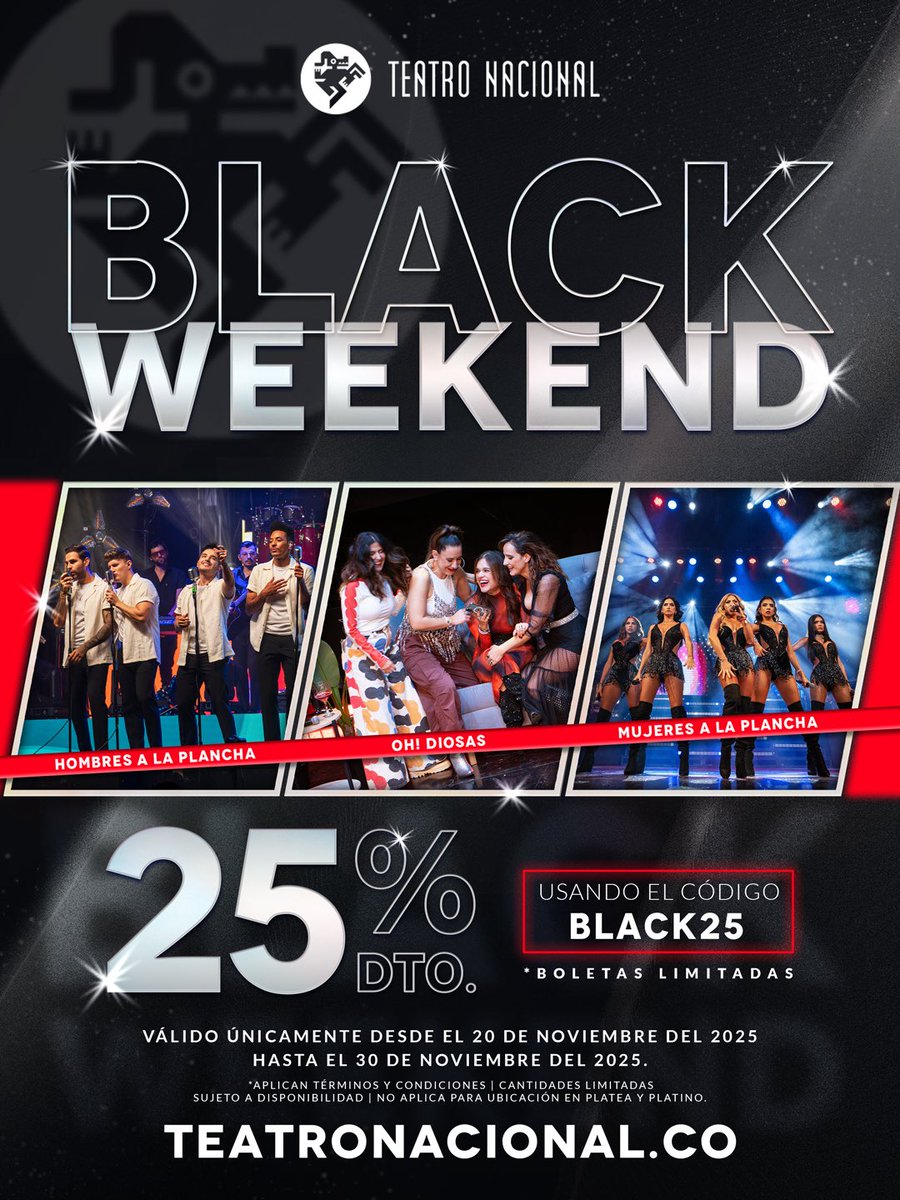 ⚡️ ¡Nos sumamos a #BlackWeekend! 

Sabemos que quieres disfrutar de tus shows favoritos🤩 Aprovecha esta semana para regalarte una experiencia inolvidable junto a  @mujeresalaplancha @ohdiosasshow y @hombresalaplancha ✨

Ingresa ya a TEATRONACIONAL.CO 🎫