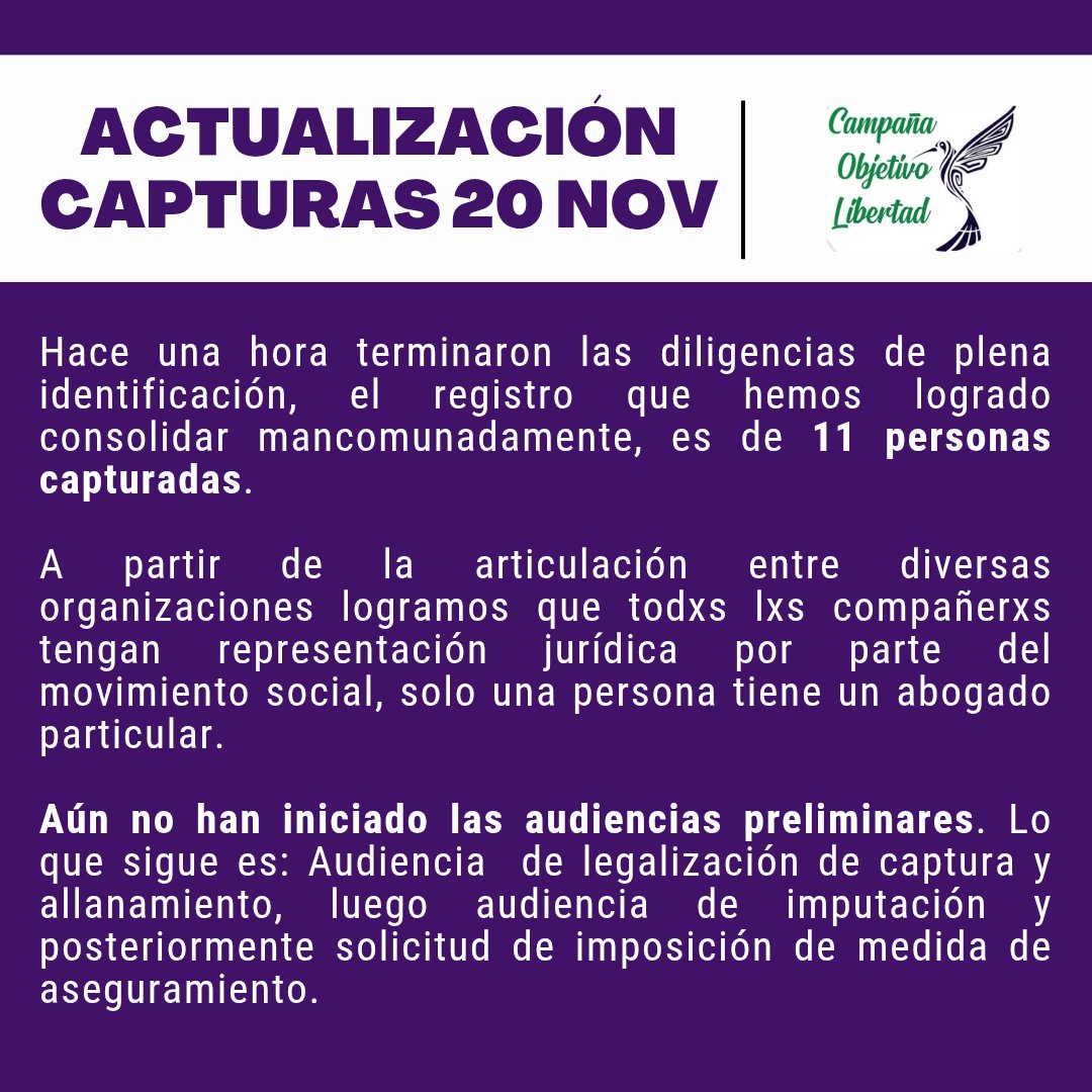 Llamamos a organizaciones jurídicas, sociales, populares e individualidades a participar mañana de una jornada de solidaridad en la URI de Puente Aranda para acompañar a lxs 11 compañerxs capturadxs y sus familias.

¡EXIGIMOS SU LIBERTAD!