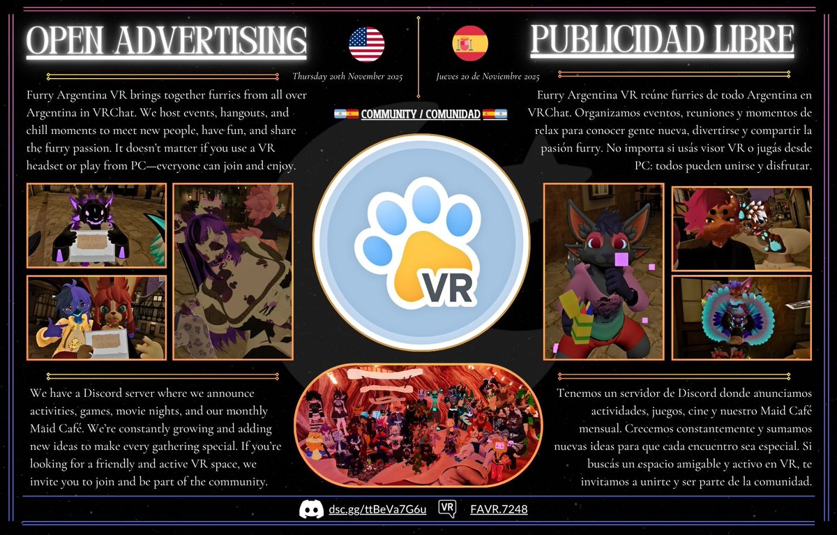 🇺🇸Join our bilingual community where we chill and explore! We’re all about creating a safe and fun space for everyone

🇪🇸Únete a nuestra comunidad bilingüe donde nos relajamos, exploramos y creamos un espacio seguro para todos

&gt; discord.gg/elalba &lt;
#VRChat #VRChatCommunity