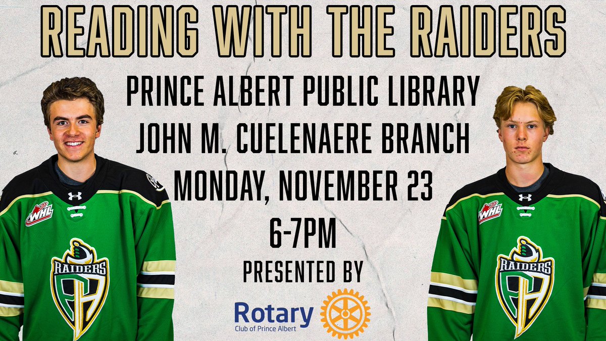 PARaidersHockey's tweet image. Join us on Monday night for another Reading With The Raiders session! Riley Boychuk and Ben Harvey will be back at the Prince Albert Public Library, reading books and giving out tickets to our Cobra Chickens game on the 29th!