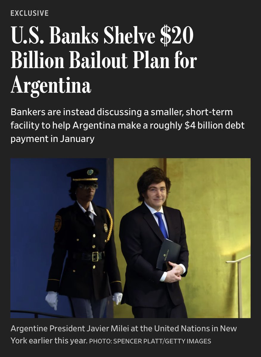 Another Trump Flop.

A planned $20 billion bailout for Argentina by JPMorgan Chase, Bank of America, and Citigroup has been shelved. Trump had been seeking to bolster Javier Milei’s pro-reform party when it announced a pair of financial lifelines this fall. (WSJ)