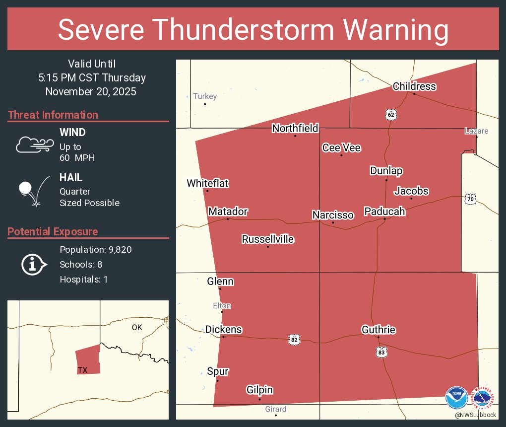Severe Thunderstorm Warning including Childress TX, Spur TX and  Paducah TX until 5:15 PM CST