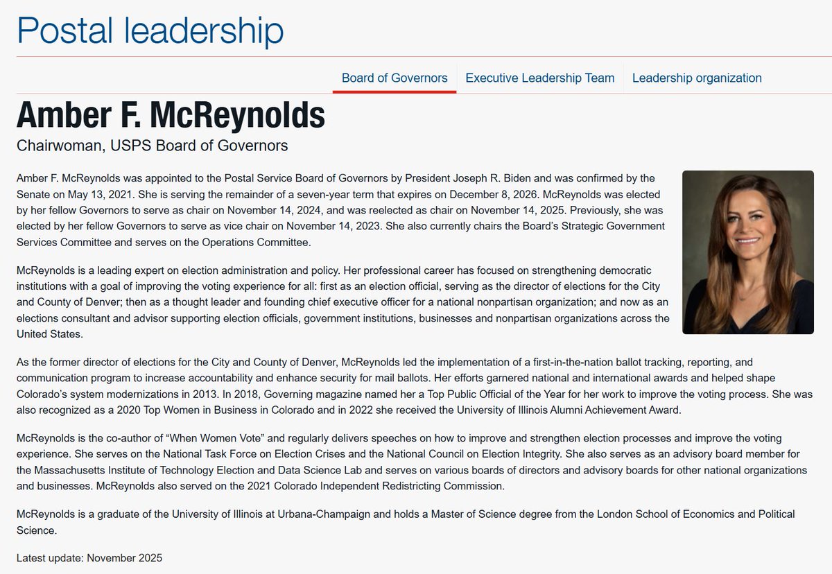 CannConActual's tweet image. Why does President Trump still have Amber McReynolds still as the Chairwoman of the USPS Board of Governors?

Amber McReynolds helped draft legislation for same-day election  registration and statewide vote by mail in Colorado as the  Director of Elections in Colorado.

She was…