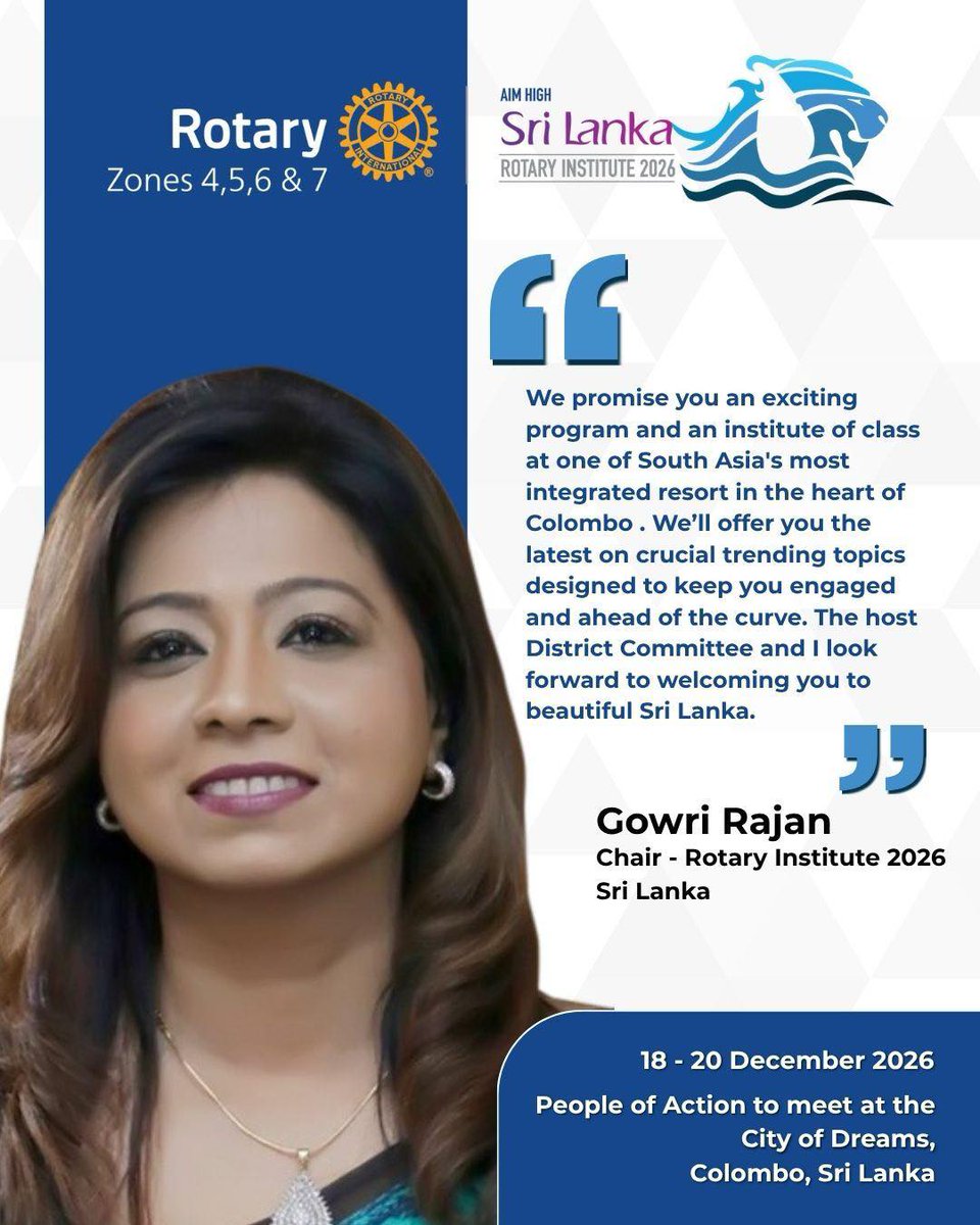 RotaryInstitute's tweet photo. A warm welcome from our Rotary Institute 2026 Chair, Past District Governor Gowri Rajan!
AIM HIGH Sri Lanka.🇱🇰
Register Now :
https://t.co/QeI69AIVz2
#AimHigh
#AimHighSrilanka
#RotaryInstitue2026
#RotaryInstitute
#Rotary2026
#SriLanka https://t.co/W2TYyYJQQV